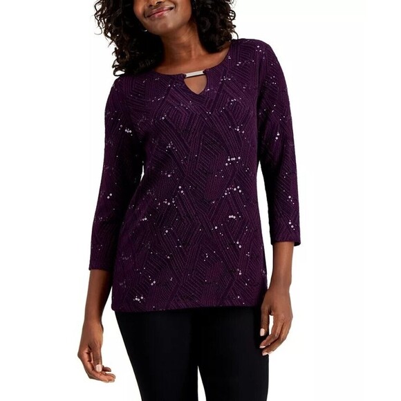 JM Collection Petite Sequined Jacquard Top Plum Noir Combo PS - Picture 1 of 3